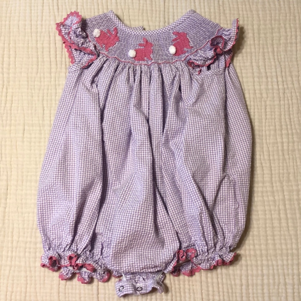 Smocked purple gingham bubble